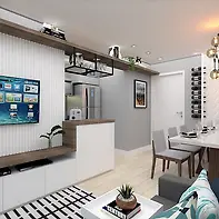 Sala de estar, jantar e cozinha integradas