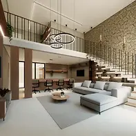 Sala de Estar Integrada com Mezanino e Home Office – Estilo Contemporâneo