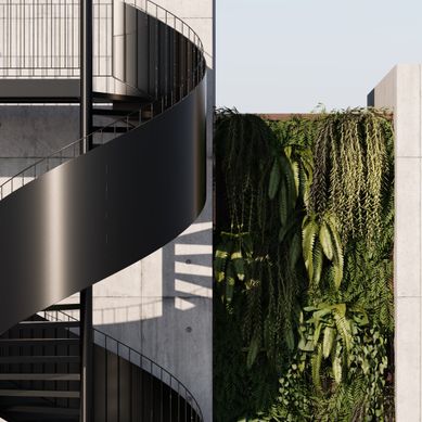 Escada caracol com jardim vertical 