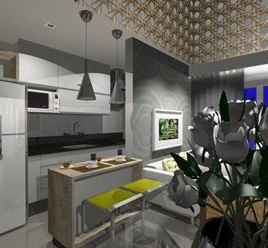 Projeto de integrada com sala e bancada em madeira.