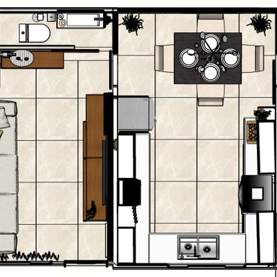 Planta baixa da área social (Cozinha e sala)