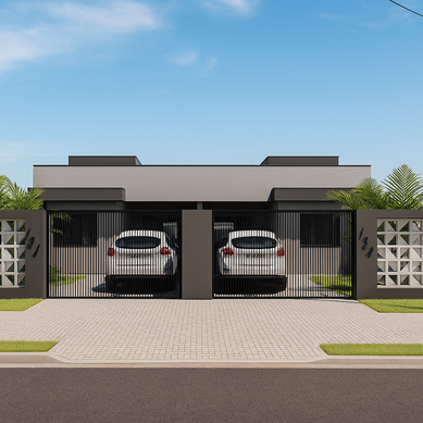 Fachada Contemporânea de Residência Geminada com Estilo Minimalista
