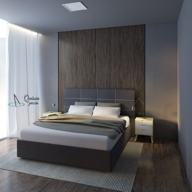 Maquete 3D de um quarto de casal,uma vista simples e moderna.