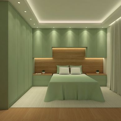 Quarto moderno tons verde + amadeirado