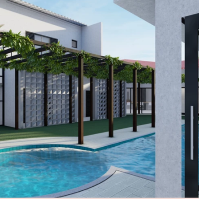 Área de piscina com pergolado