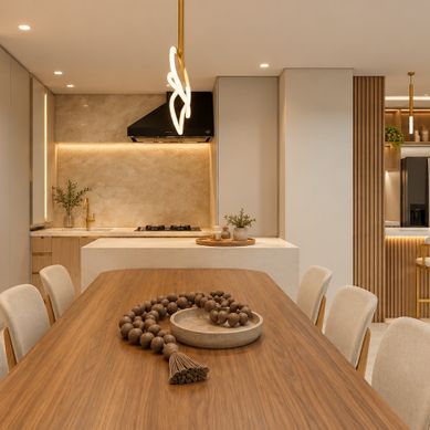 Elegância Natural — Cozinha Integrada e Área Social