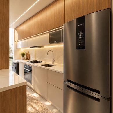 Cozinha contemporânea em tons neutros e amadeirados