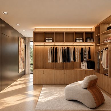 Closet contemporâneo com tons amadeirados