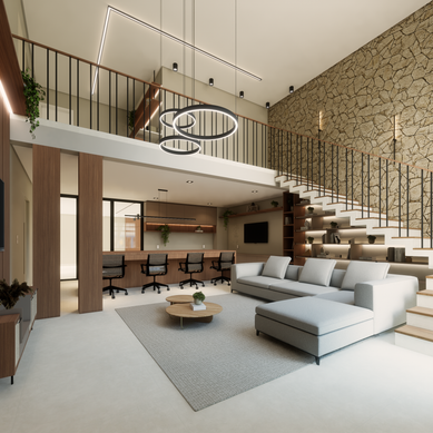 Sala de Estar Integrada com Mezanino e Home Office – Estilo Contemporâneo