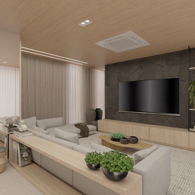 Living integrado contemporâneo com foco em sofisticação e amplitude