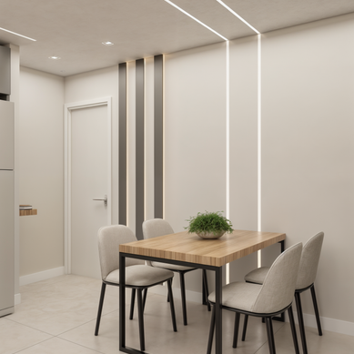 Espaço social contemporâneo com design funcional e iluminação cênica