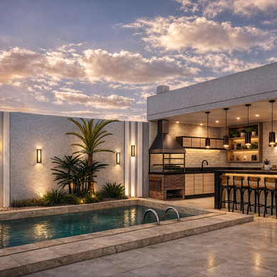Área gourmet integrada com piscina e iluminação cênica