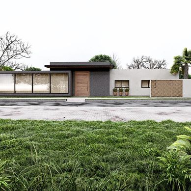 Projeto de fachada residencial térrea moderna e funcional