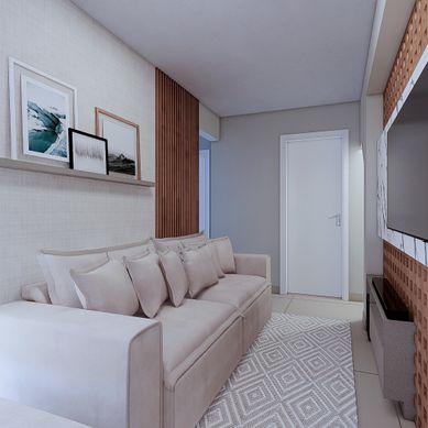 Sala de TV autoral com detalhamento em marcenaria