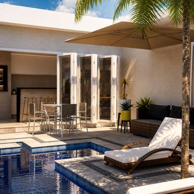 Área gourmet integrada com piscina e lazer externo