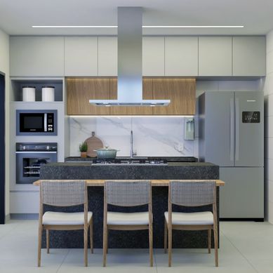 Projeto de Cozinha Contemporânea Integrada com Ilha Gourmet