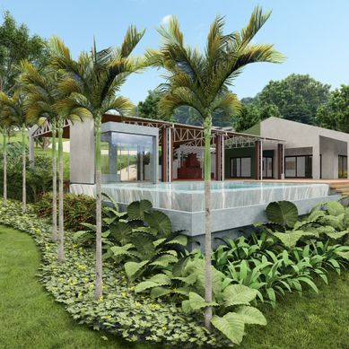 Paisagismo de sítio com jardim tropical e piscina