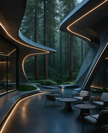futuristic hotel — patio (forest)
