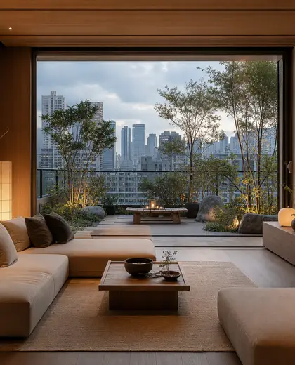 japandi rooftop garden — family room (urban)