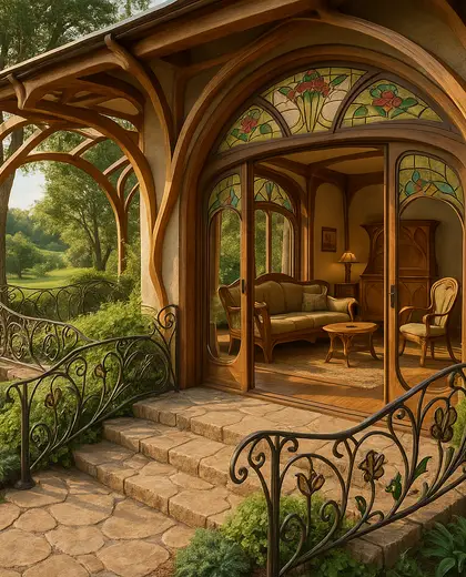 art nouveau backyard — family room (rural)