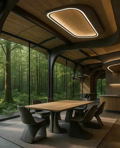 futuristic farmhouse — informal dining room (forest)