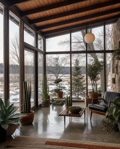 mid-century modern house — winter garden (rural)