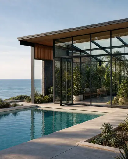 mid-century modern greenhouse — pool house (ocean)