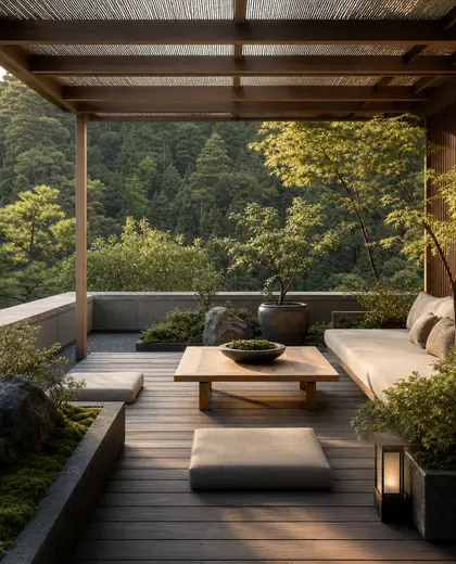 japandi rooftop garden — pergola (forest)