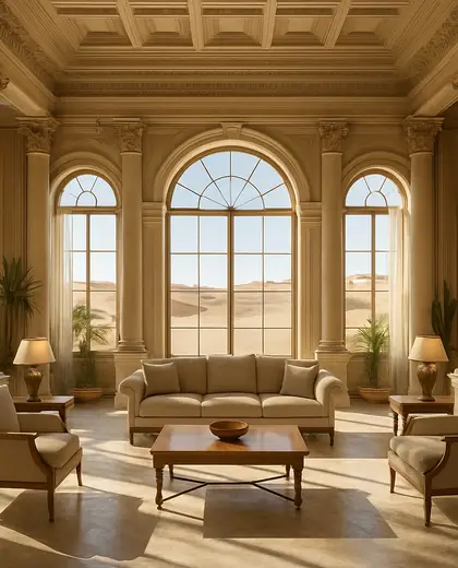 neoclassical public space — living room (desert)