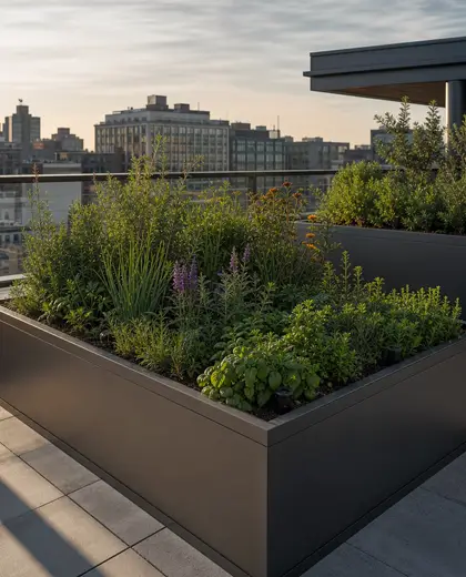 modern rooftop garden — raised garden bed (urban)