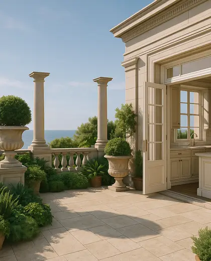neoclassical rooftop garden — kitchen (coastal)