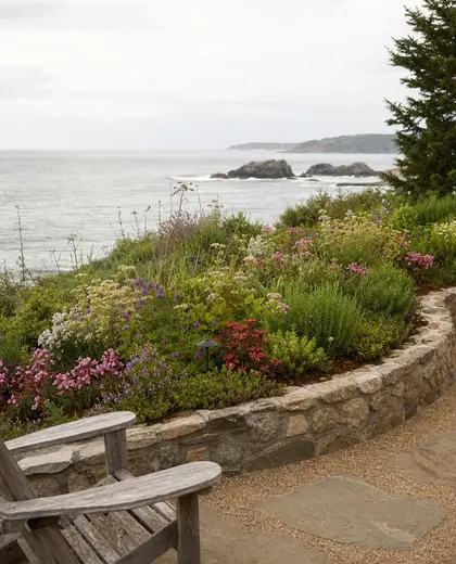 rustic backyard — flower bed (ocean)