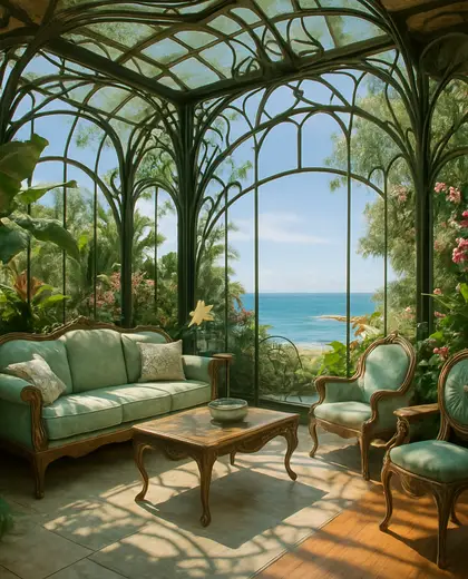 art nouveau greenhouse — family room (coastal)