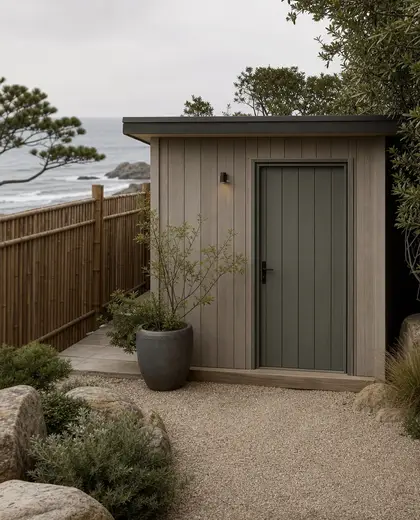 japandi yard — storage room (coastal)