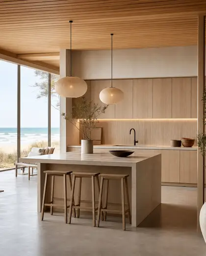 japandi office space — kitchen (beach)