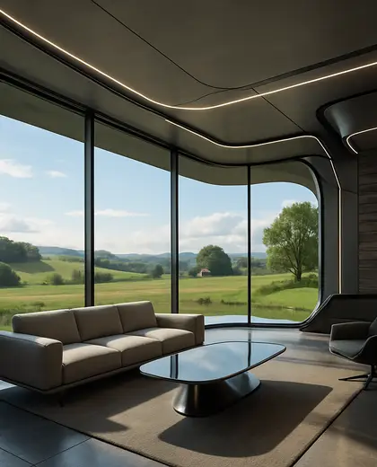 futuristic house — living room (rural)