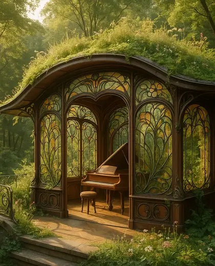 art nouveau rooftop garden — music room (forest)
