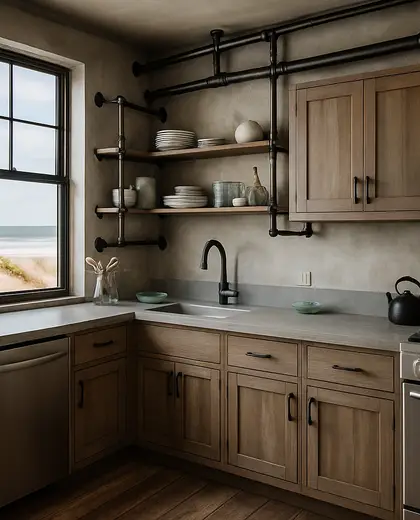 industrial farmhouse — small kitchen (beach)