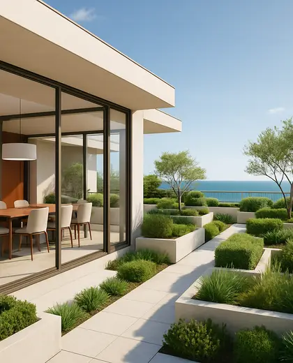 bauhaus rooftop garden — formal dining room (coastal)