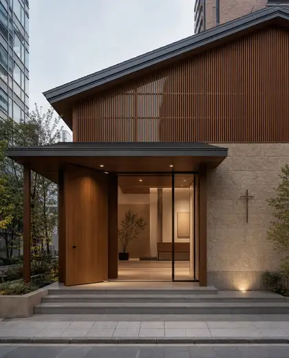 japandi church — entryway (urban)