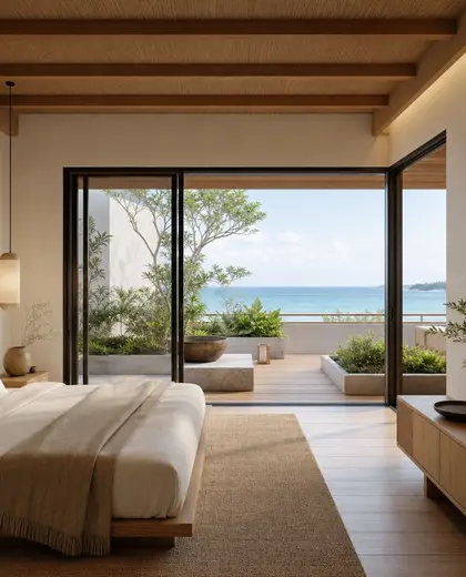 japandi rooftop garden — guest room (beach)