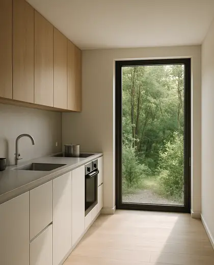 minimalist apartment — small kitchen (forest)