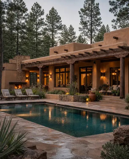 southwestern facade — pool (forest)