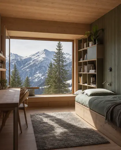 sustainable salon — youth bedroom (alpine)