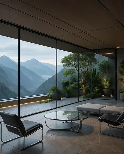 futuristic rooftop garden — living room (mountain)