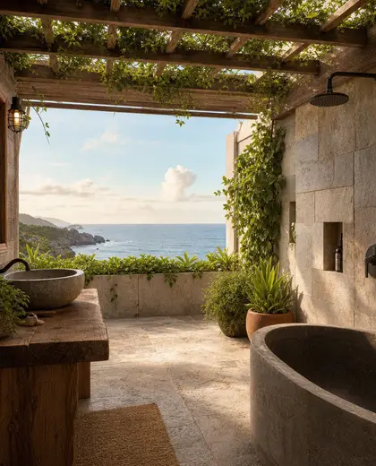 rustic rooftop garden — bathroom (ocean)