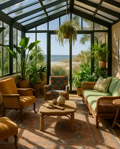 eclectic greenhouse — living room (coastal)