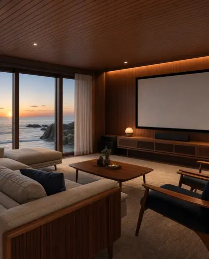mid-century modern public space — home cinema (coastal)