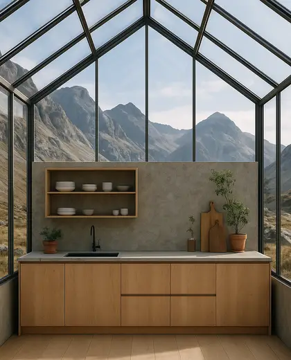 minimalist greenhouse — small kitchen (mountain)