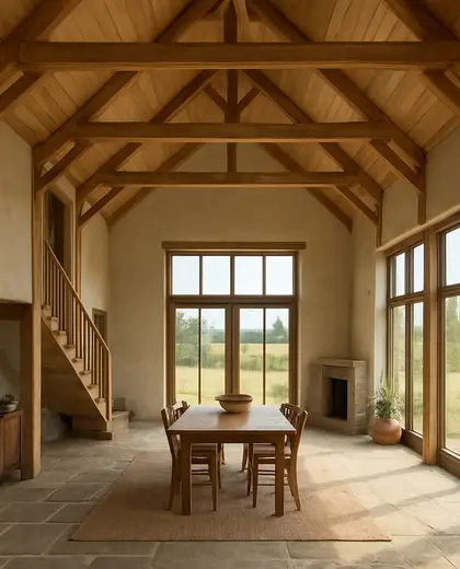 sustainable farmhouse — main hall (rural)